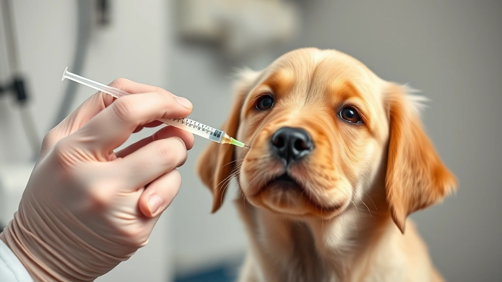 Golden retriever puppy receiving injection from veterinarian's hand, clinical setting, soft natural lighting, focused on needle and dog's expression