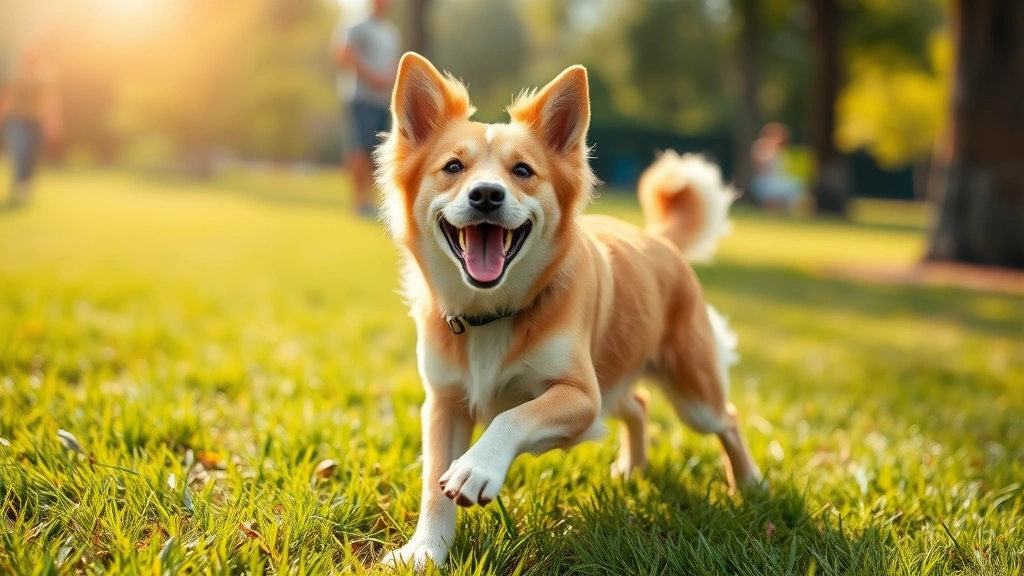 Happy healthy adult dog playing in grassy park, energetic and vibrant, sunlit outdoor scene, showing wellbeing and vitality