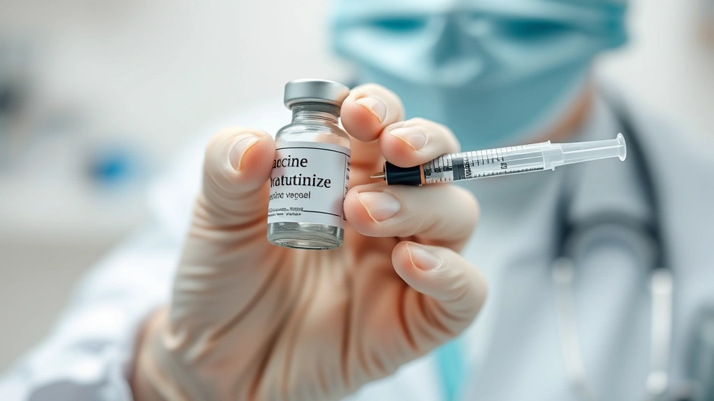 Close-up of veterinarian holding vaccine vial and syringe, professional medical environment, sterile clinic background, showing proper vaccine handling