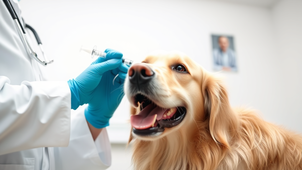 Veterinarian giving injection to friendly golden retriever in bright clinic setting, no text no words no letters
