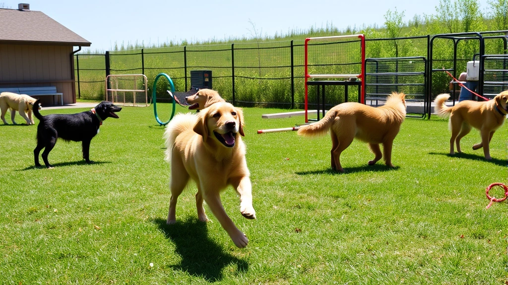 Golden Retriever playing with other dogs in a sunny outdoor play area surrounded by grass and agility equipment at a boarding facility