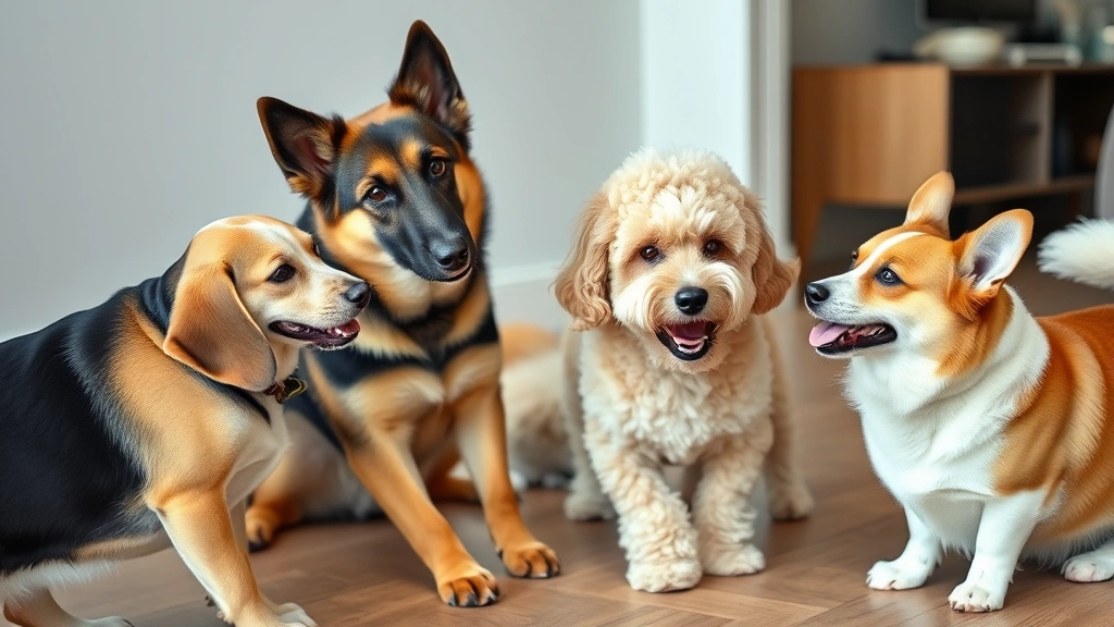 Group of various breed dogs socializing together indoors, including a German Shepherd, Beagle, Poodle, and Corgi playing and interacting