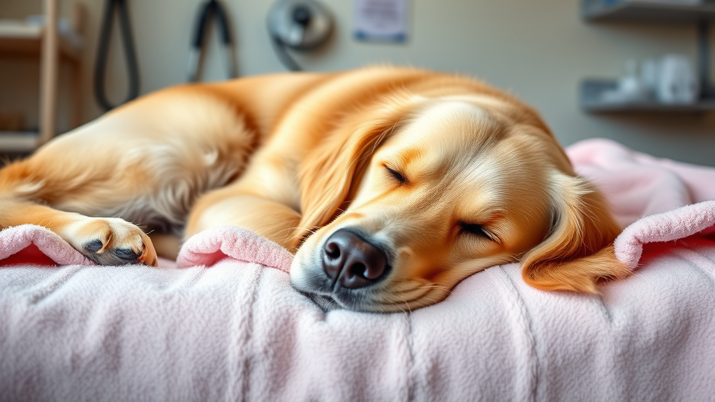 Golden retriever resting peacefully on soft blanket with gentle lighting, veterinary care setting, no text no words no letters