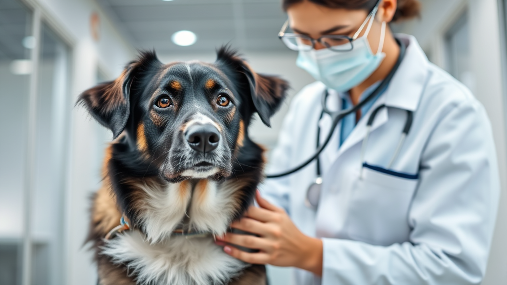 Veterinarian examining calm dog with stethoscope in modern clinic, professional medical care, no text no words no letters