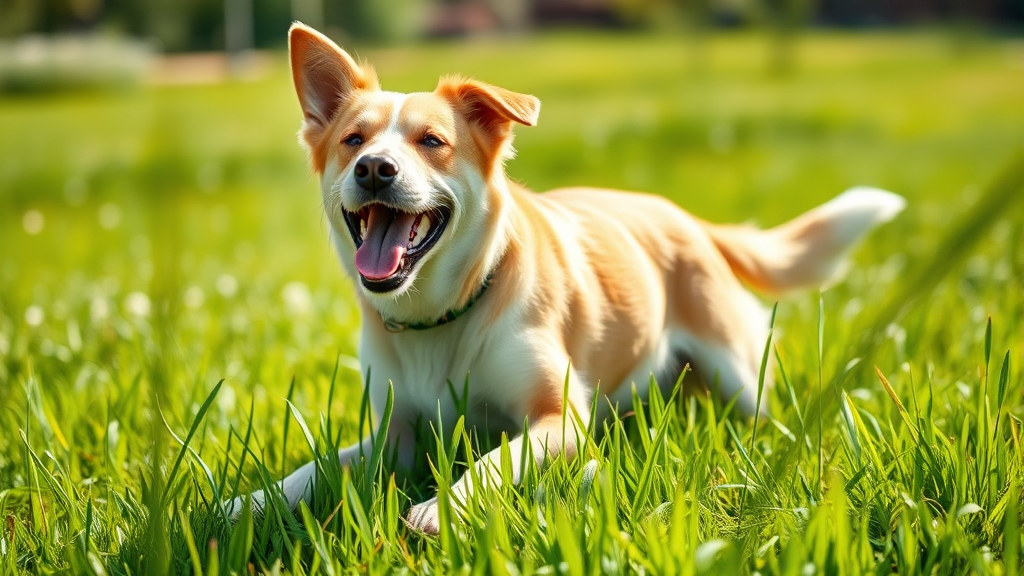 Happy healthy dog playing outdoors in green grass, active and pain-free, natural sunlight, no text no words no letters