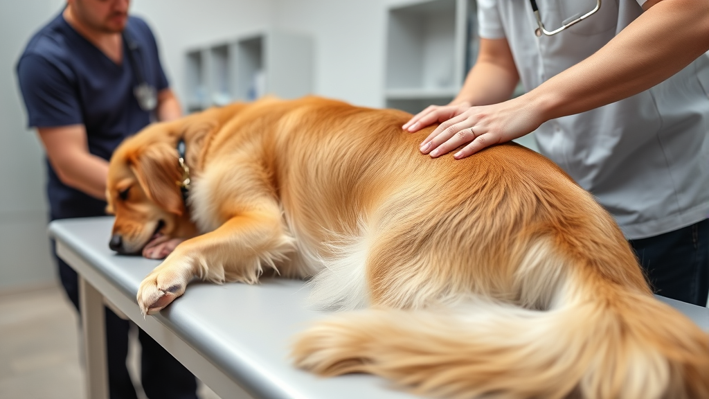 Golden retriever lying on veterinary examination table with concerned owner and veterinarian examining spine, no text no words no letters