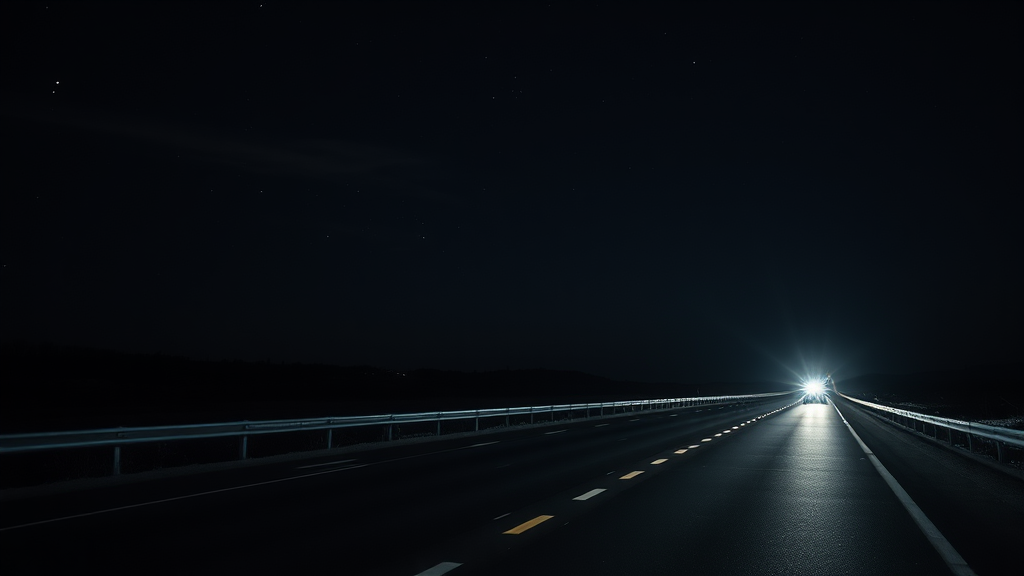 Empty dark highway at night stretching into distance with truck headlights and stars visible above