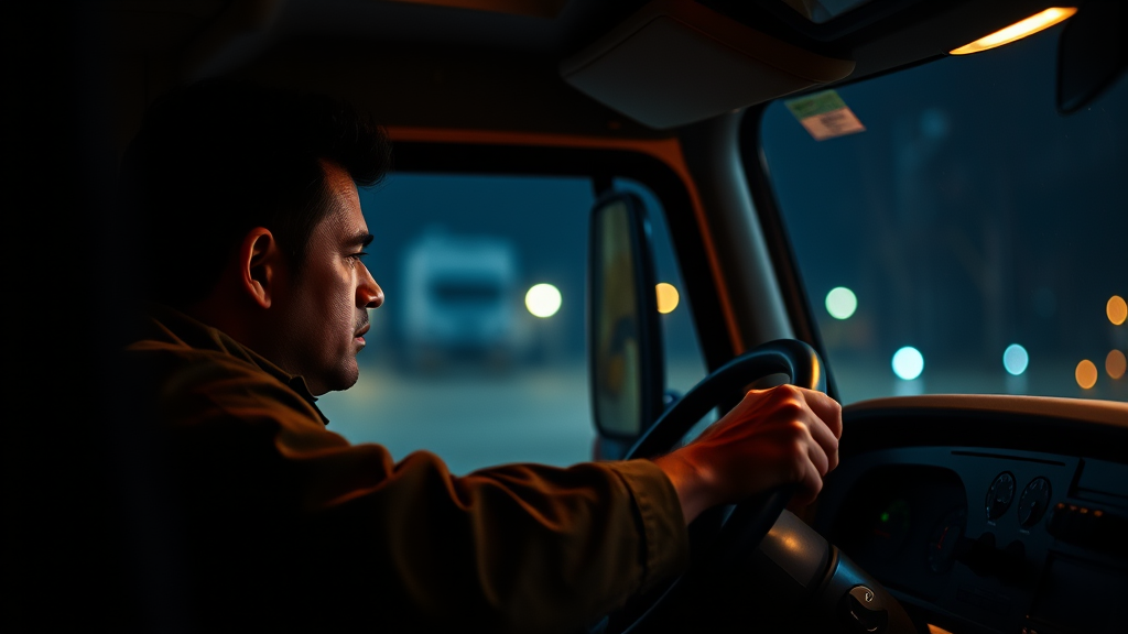 Tired truck driver hands gripping steering wheel in dim cabin with dashboard lights reflecting