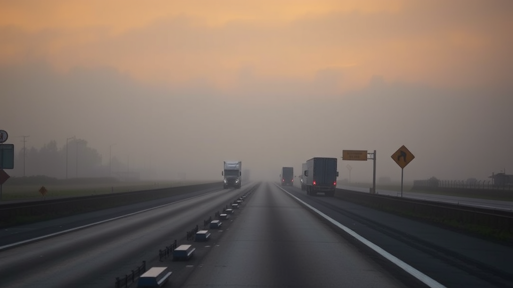 Highway road stretching into misty horizon with silhouettes of trucks and warning signs