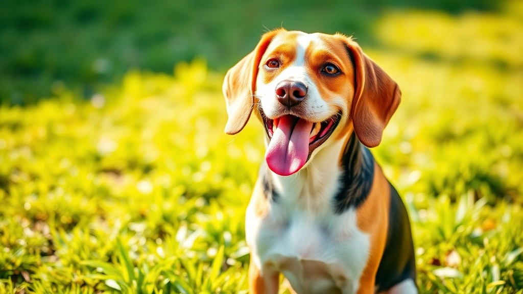 A cheerful Beagle sitting in a sunny garden, tongue out, with warm natural lighting and green grass background
