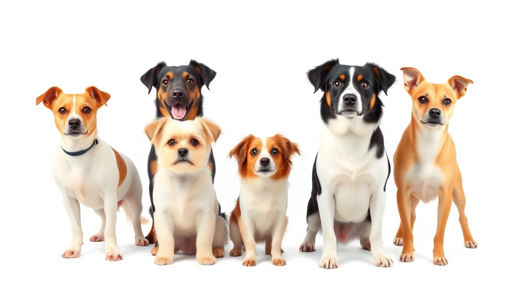 A group of five different dog breeds standing together on a white background, showing size variety from tiny to medium-sized dogs