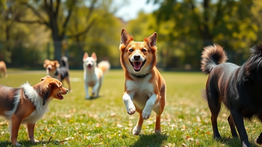 A happy mixed breed dog playing in a dog park, jumping joyfully with other dogs, bright daylight, vibrant scene