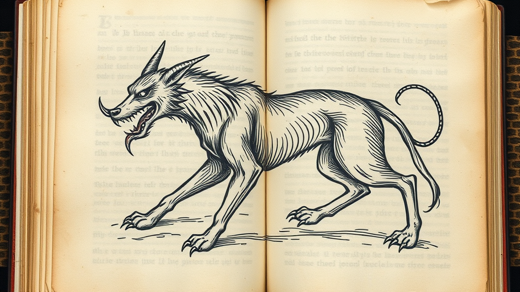 Ancient manuscript or historical document with demon dog illustration, medieval artwork showing supernatural canine creature with demonic features