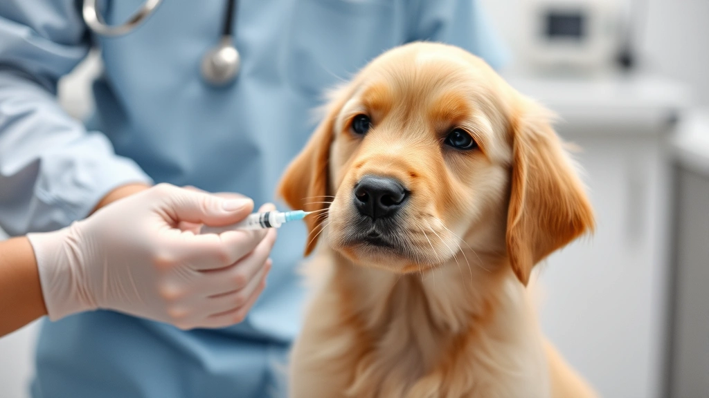 Golden Retriever puppy receiving injection from veterinarian's hands in sterile clinic environment, calm expression, professional medical setting