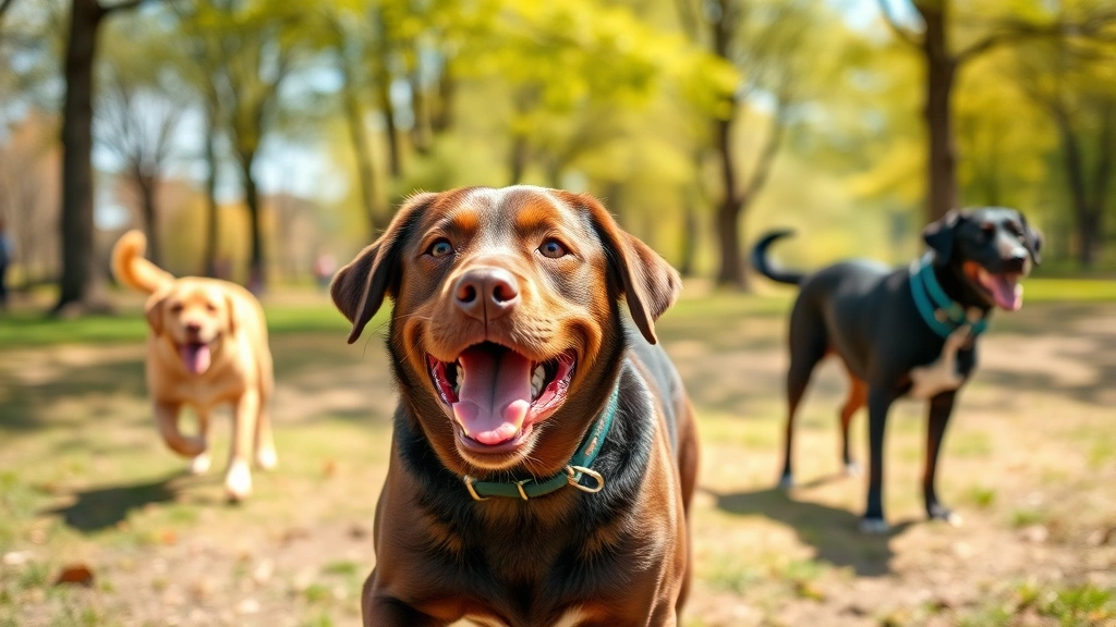 Healthy adult Labrador playing joyfully in sunny park with other dogs, happy expression, outdoor recreation scene