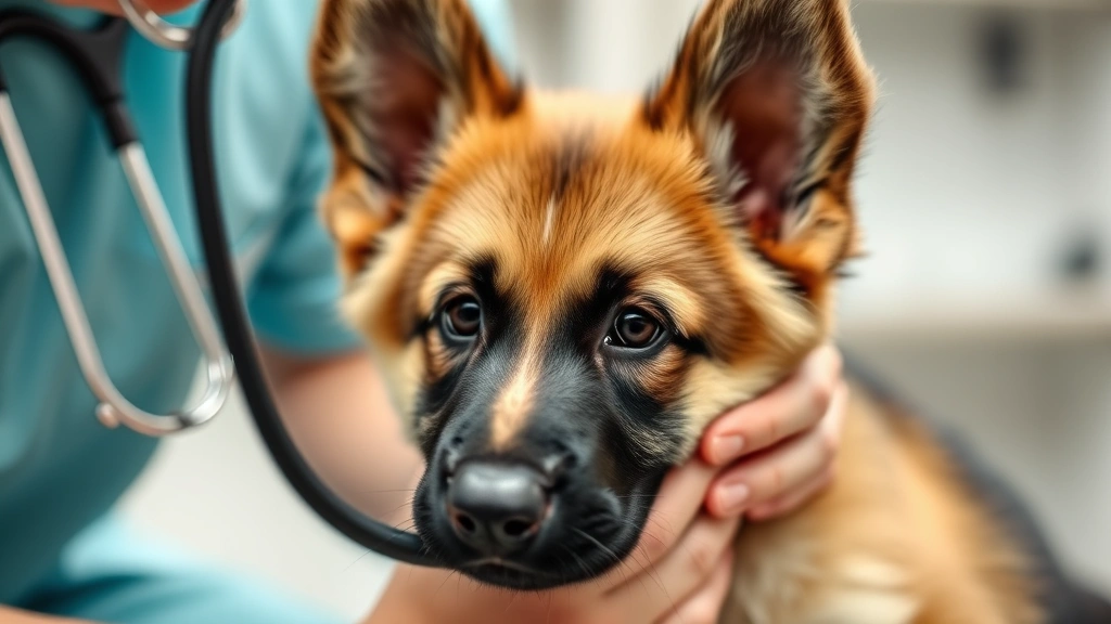 Close-up of veterinarian examining German Shepherd puppy during wellness check, stethoscope visible, caring professional interaction