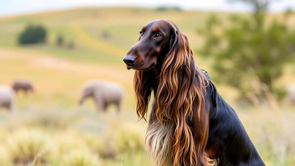 Afghan Hound with elegant posture in natural landscape, alert expression, showcasing breed's proud bearing and natural hunting heritage