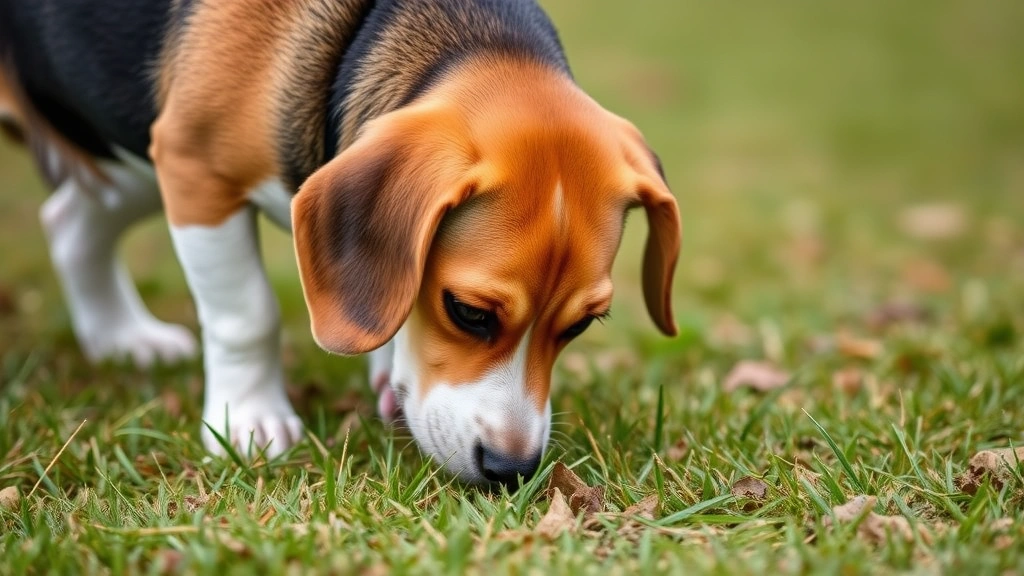 Beagle intensely focused on ground scent trail in grassy field, nose down, demonstrating the breed's remarkable tracking ability and concentration