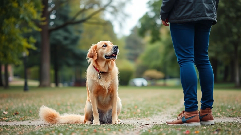 Golden Retriever attentively watching handler during training session in park, showing focused engagement and responsive body language