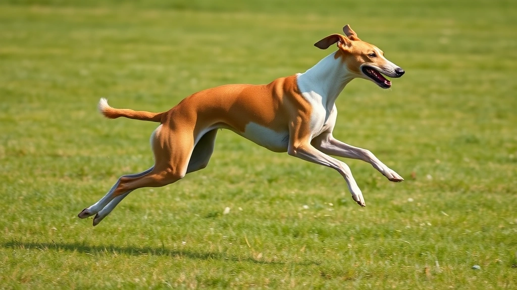 Greyhound in full sprint across a grassy field, muscles tensed, ears flying back, pure speed and athleticism captured mid-stride