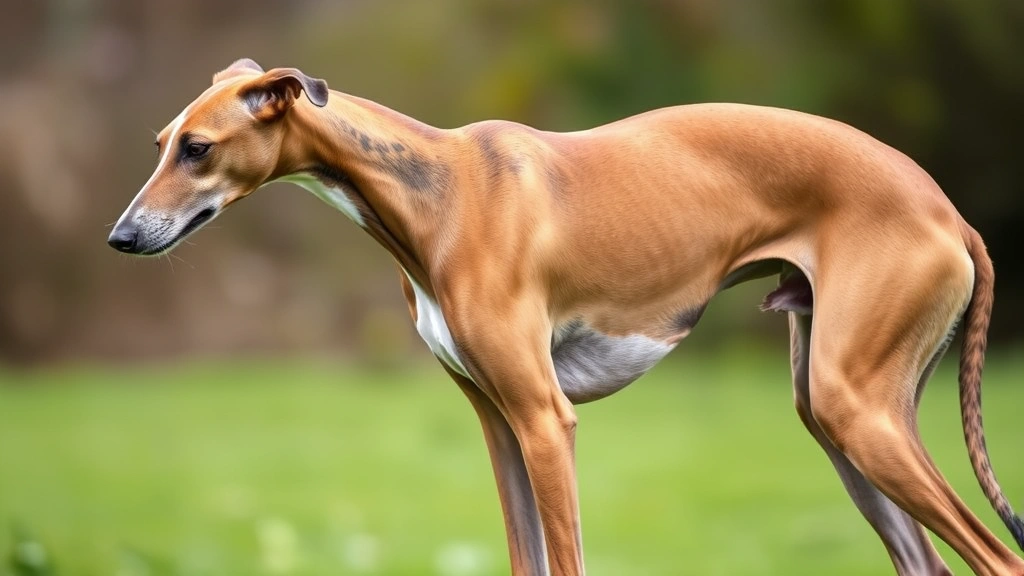 Close-up of a Greyhound's lean muscular body in profile showing their distinctive narrow chest and long legs built for speed