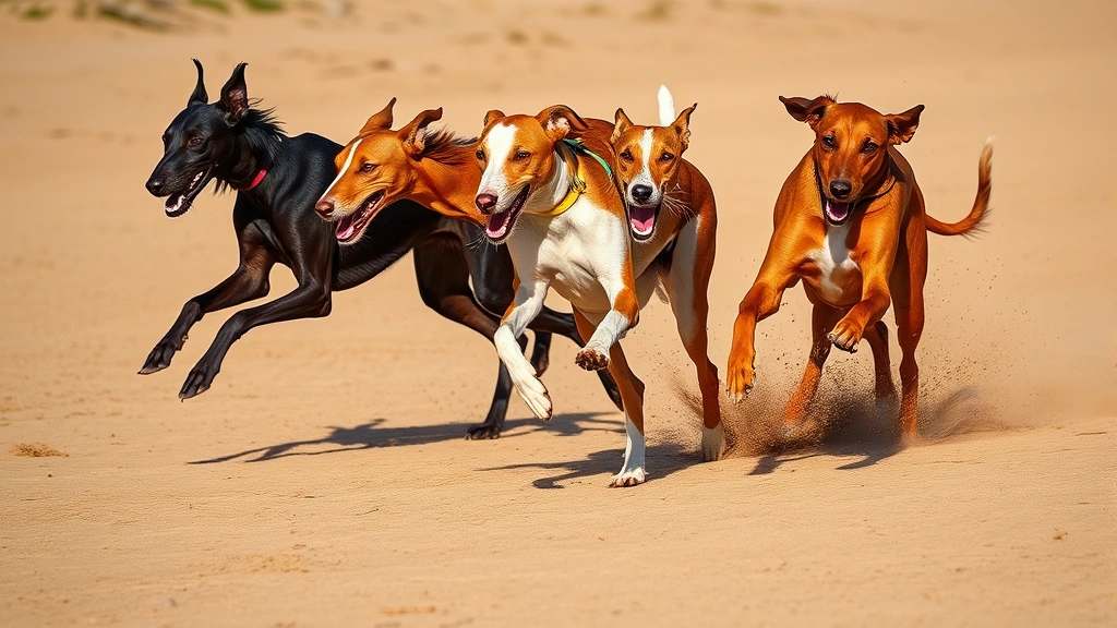 Multiple fast dog breeds racing together across sand or dirt, including Saluki, Afghan Hound, and Vizsla in dynamic motion