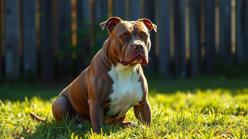 Muscular pit bull type dog sitting calmly in sunlight, looking peaceful and friendly, photorealistic, outdoor setting with green grass