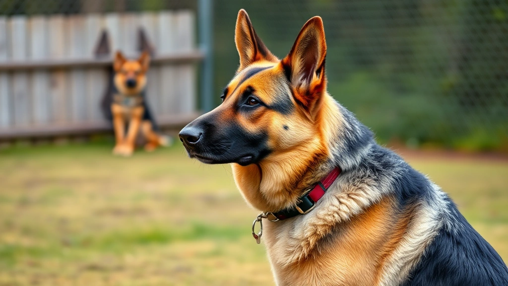 German Shepherd dog during professional training session with handler, focused and attentive, photorealistic, training environment