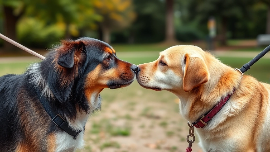 Two dogs meeting nose-to-nose during supervised socialization, both appearing calm and curious, photorealistic, outdoor park setting
