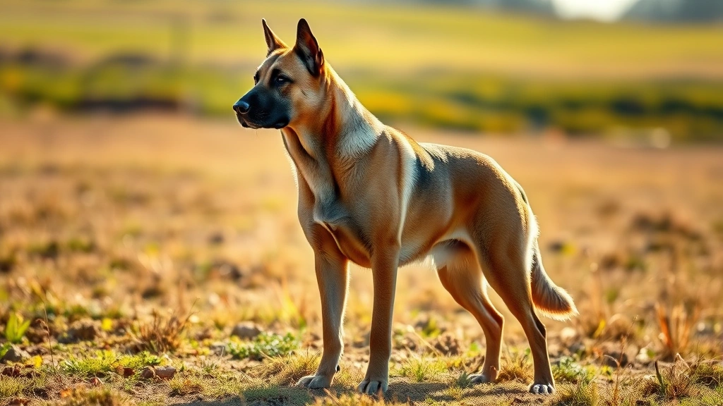 A powerful Kangal Shepherd Dog standing in an alert stance in a sunlit field, muscular physique clearly visible, dignified expression, photorealistic style