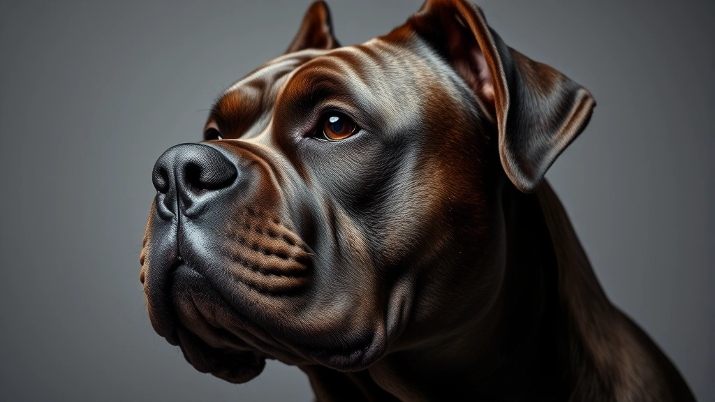 Close-up of a Cane Corso's head showing impressive jawline and muscle structure, strong facial features, professional photography lighting, photorealistic
