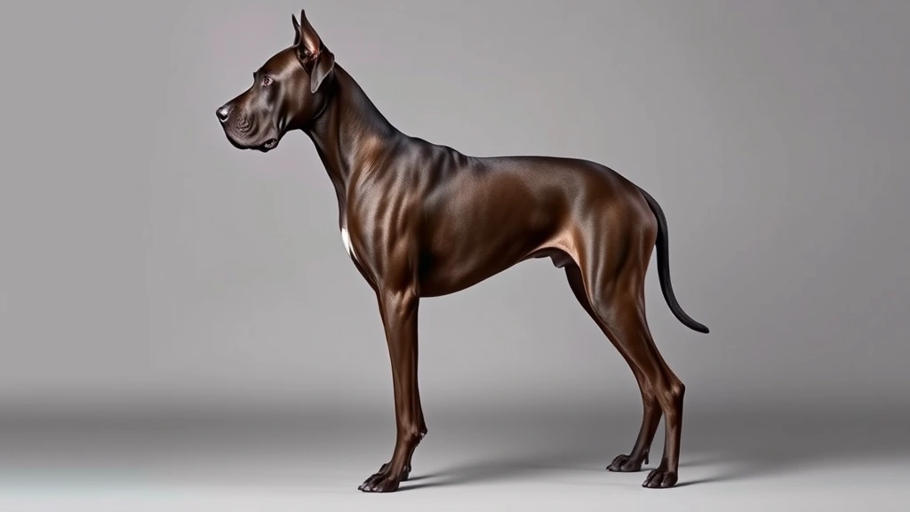 A majestic Great Dane standing in profile against a neutral background, showing full body height and elegant posture, photorealistic