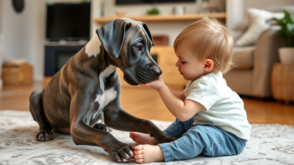 A Great Dane puppy playing gently with a young child in a living room, showing their gentle nature, photorealistic