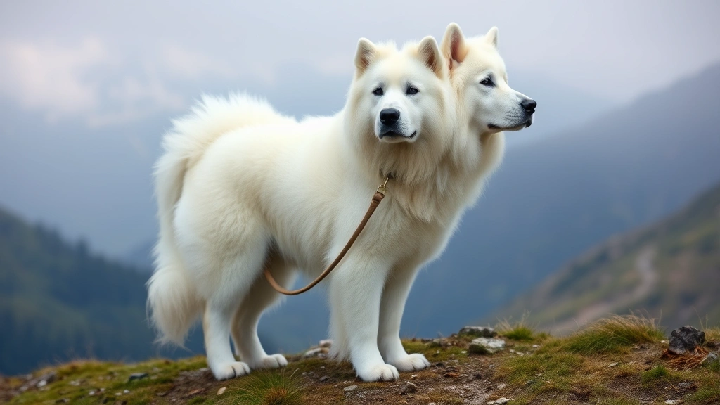 A large white fluffy Great Pyrenees dog standing majestically on a mountainside, thick double coat flowing, calm and noble expression, misty mountains in background