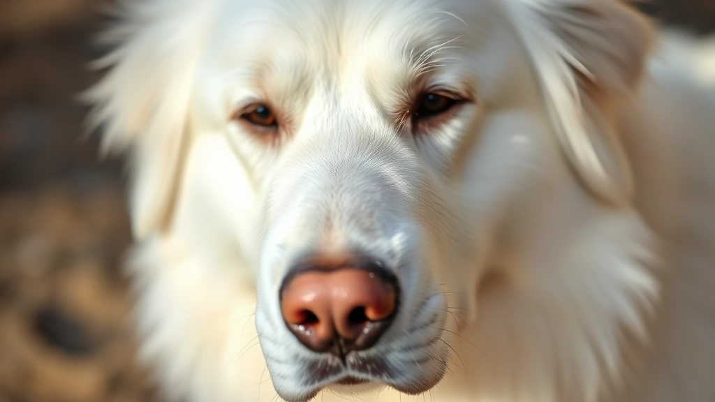 Close-up portrait of a white Great Pyrenees dog with gentle eyes and calm demeanor, fluffy white coat in sharp detail, soft natural lighting, peaceful expression