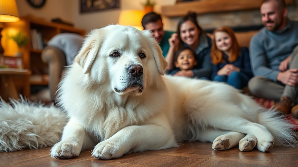 A Great Pyrenees dog lying protectively near a family in a cozy home setting, white fluffy coat visible, loyal and watchful posture, warm indoor lighting