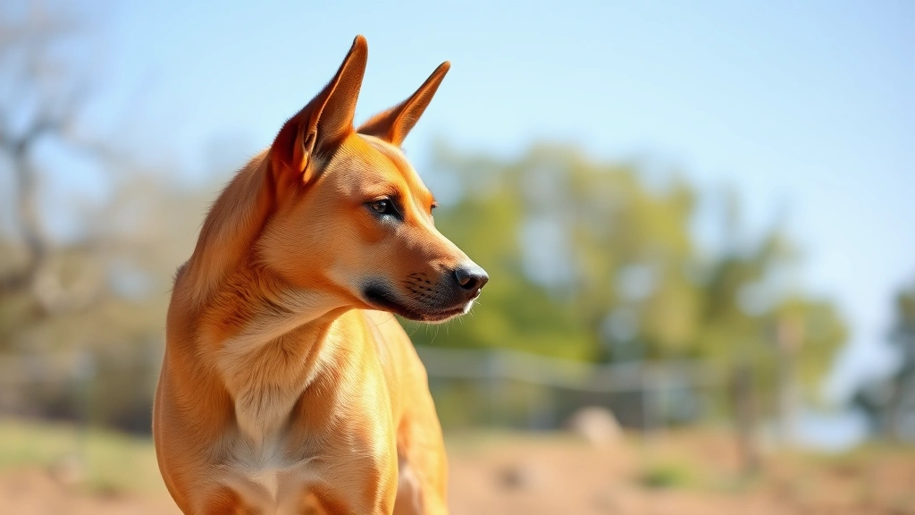 Alert reddish-brown Australian Cattle Dog with pointed ears standing in profile against a sunny outdoor background, showing muscular build and attentive expression