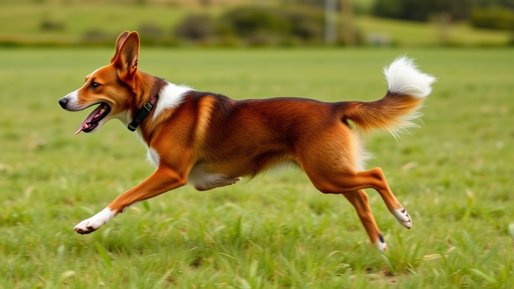 Active red heeler Australian Cattle Dog running and playing in a grassy field with natural landscape, displaying energetic movement and athletic physique