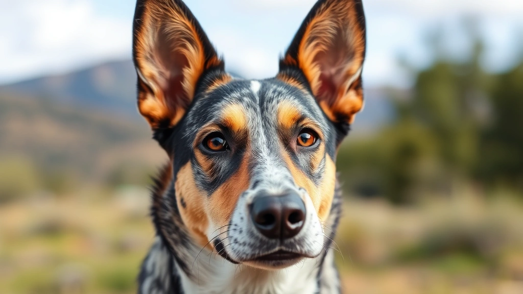 Close-up portrait of Australian Cattle Dog with distinctive coat pattern, alert intelligent eyes, and erect ears, set against natural outdoor scenery