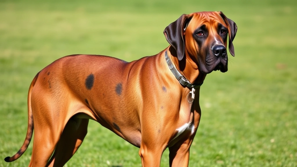 Large brown Great Dane with black spots standing in a confident pose, realistic fur texture, outdoor sunny setting with green grass background