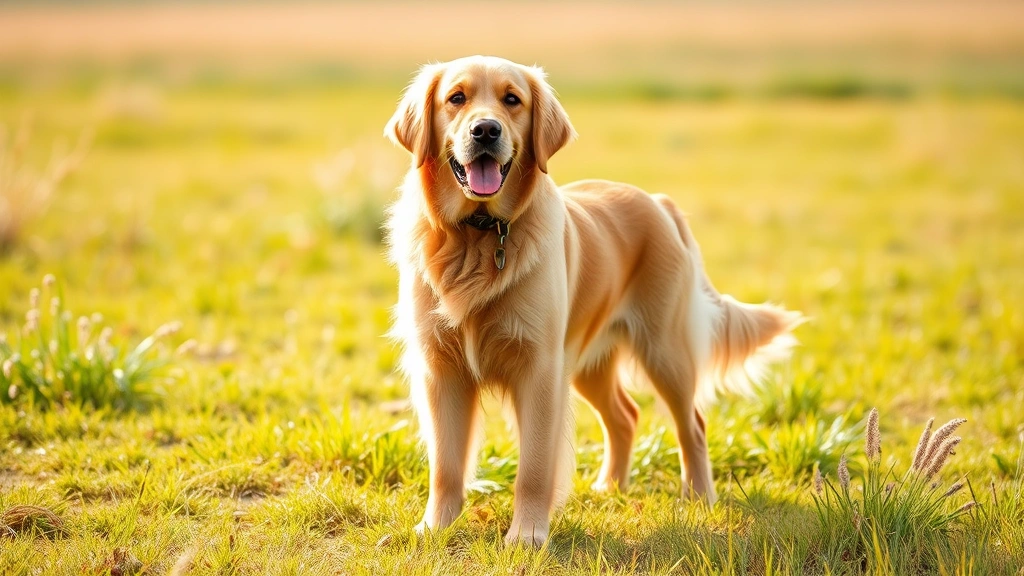 Golden retriever male dog standing proudly in a grassy field, alert posture, beautiful coat, natural daylight, healthy and confident expression