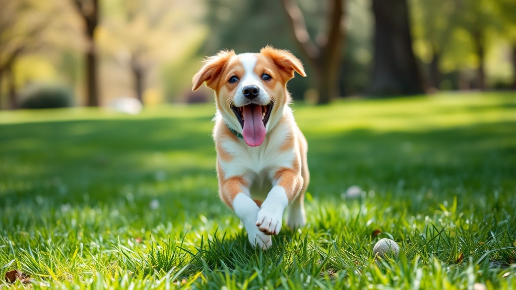 Playful male puppy running through a park, tongue out, joyful movement, green grass background, sunny day, pure joy and energy captured