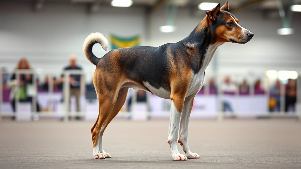 Adult male dog at a professional dog show, standing in perfect conformation stance, well-groomed appearance, showing ring setting, proud bearing