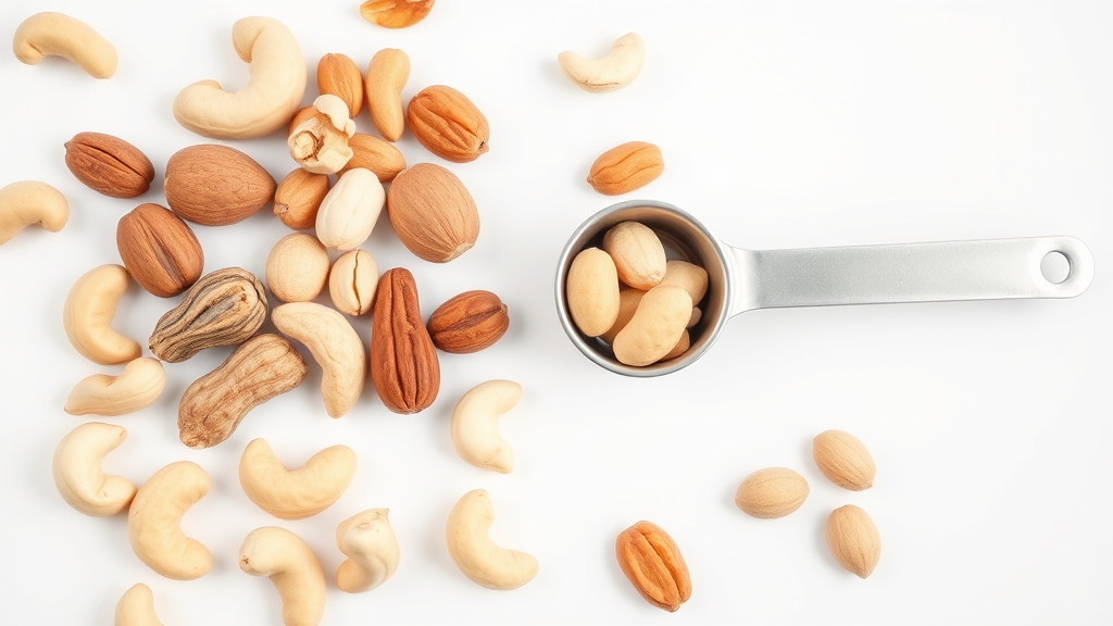 Close-up view of various dog-safe nuts including cashews and peanuts arranged on white background with measuring spoon, no text no words no letters