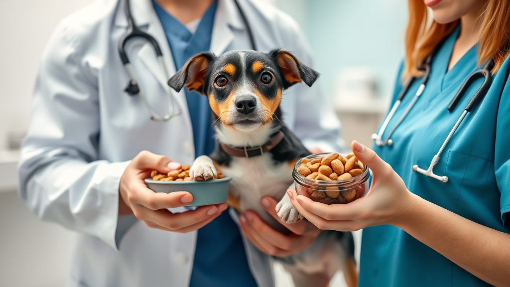Veterinarian examining small dog while owner holds container of nuts, modern clinic setting, professional lighting, no text no words no letters