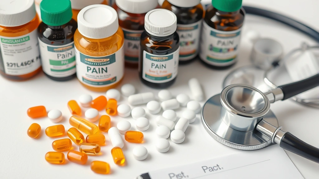 Close-up of various dog pain medication bottles and tablets arranged on white surface with stethoscope and prescription pad nearby, pharmaceutical arrangement
