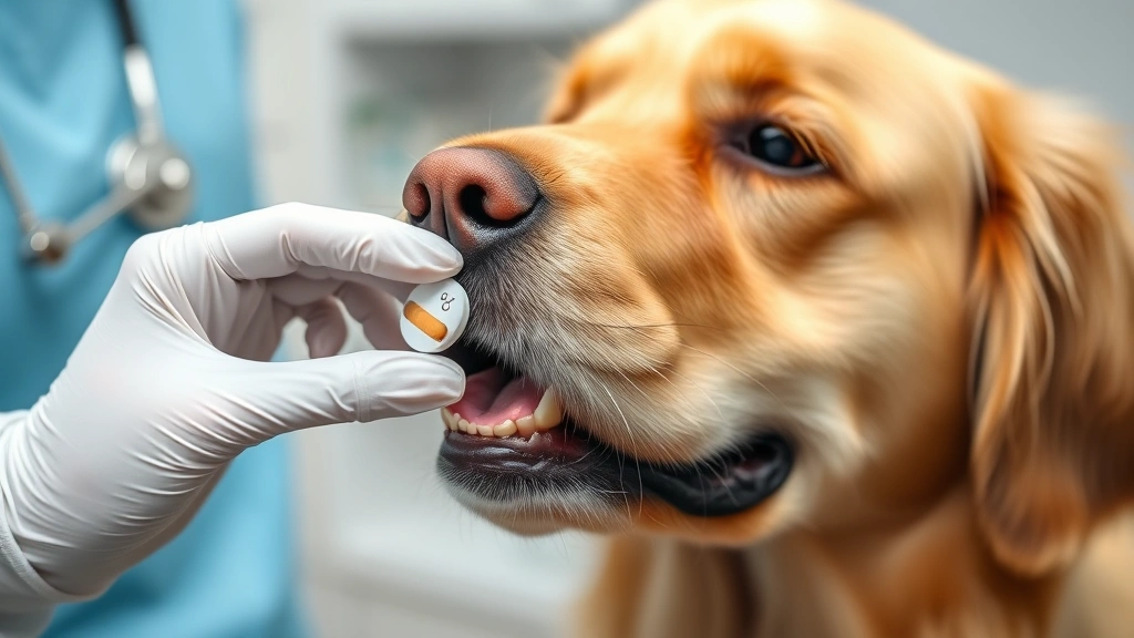 Golden retriever receiving oral medication tablet from veterinarian's hand, close-up of dog's mouth and vet's gloved hands in clinical setting