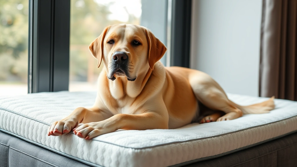Senior labrador dog resting on orthopedic memory foam bed by window, comfortable and relaxed posture showing pain relief