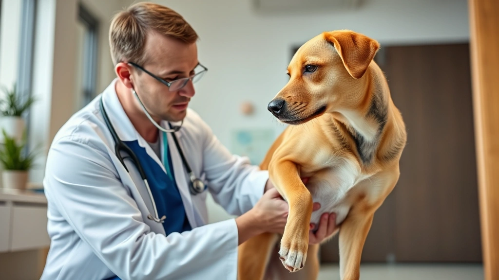 Veterinarian examining medium-sized dog's leg and joint with stethoscope during pain assessment examination in modern vet clinic