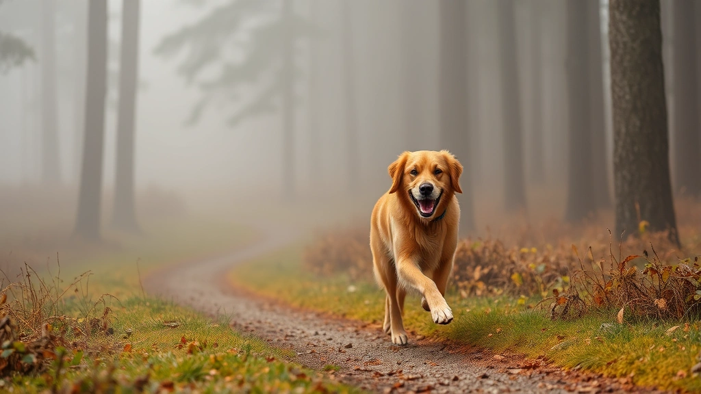 Golden retriever jogging through misty morning fog on forest trail, athletic dog running with happy expression